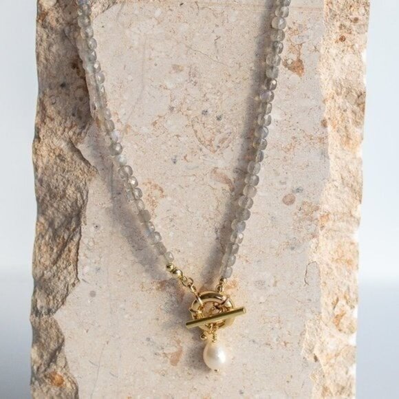 Labradorite Gemstone Necklace Gold Toggle Clasp Removable Pearl Healing Crystal - Picture 8 of 11